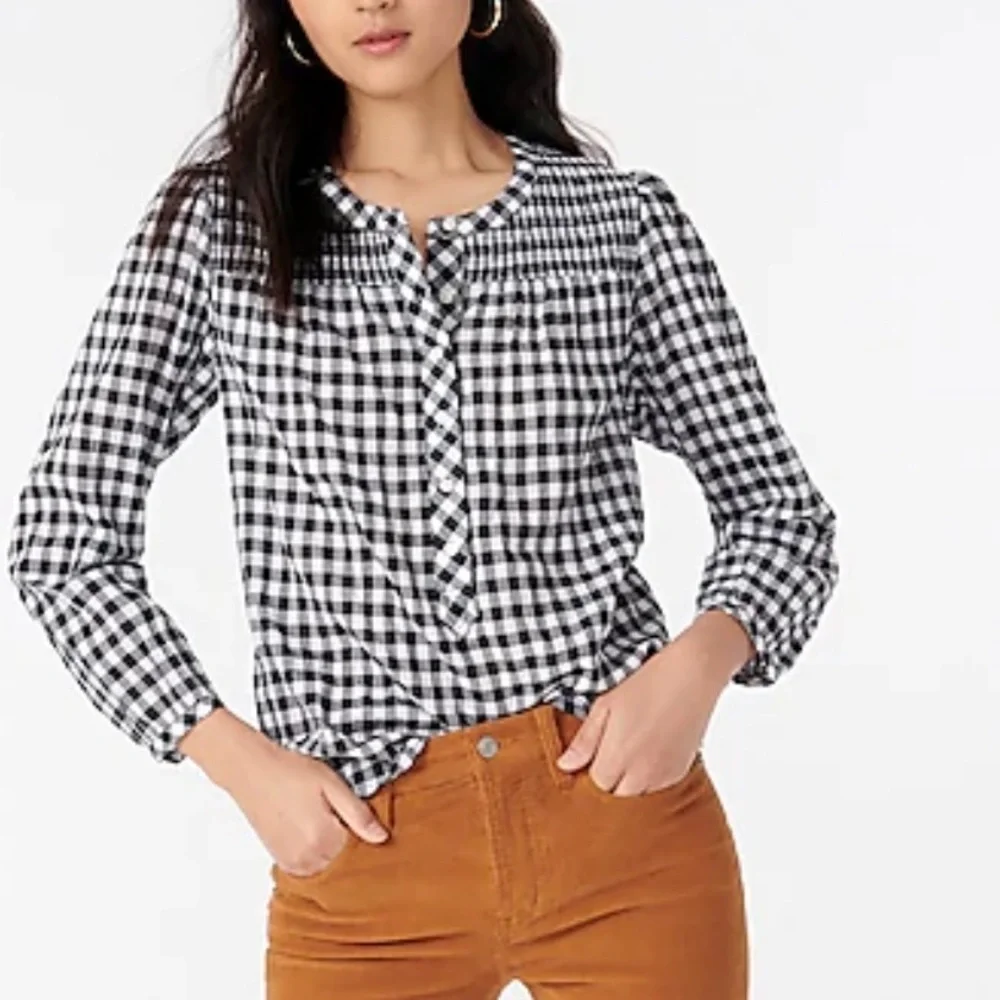 J crew new Smocked popover top in crinkle gingham‎